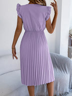 Solid Color V-neck Lace-trimmed Sleeveless Casual Pleated Midi Dress