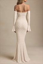 Sequin Off Shoulder Sweetheart Long Bell Sleeve Mermaid Formal Gown