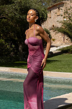 Mesh Floral Ruched Backless Maxi Dress