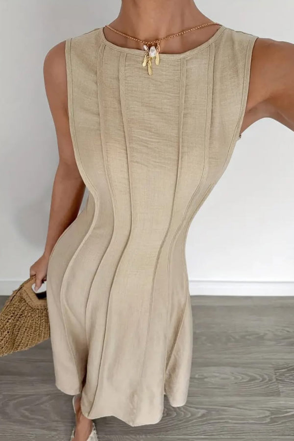 Solid Color Round Neck Sleeveless Elegant Pleated Casual Maxi Dress