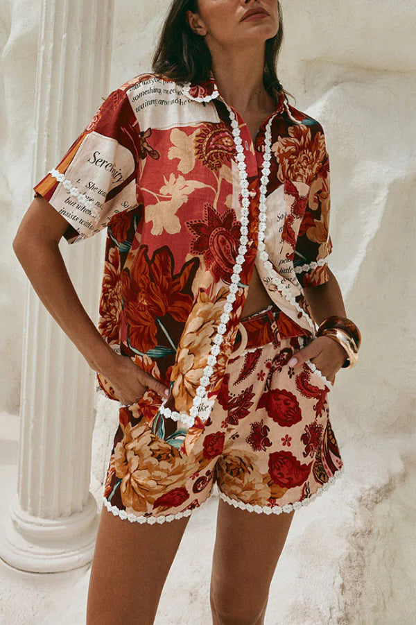 Unique Printed Collared Short-sleeved Loose-fitting Shirt and Casual Floral Trim Shorts Set