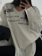 Letter Print U Neck Irregular Slit Long Sleeve Knit