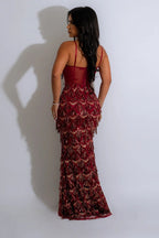 Sequin Diamond Quilt Tassel Fringe Sweetheart Corset Mesh Maxi Gown