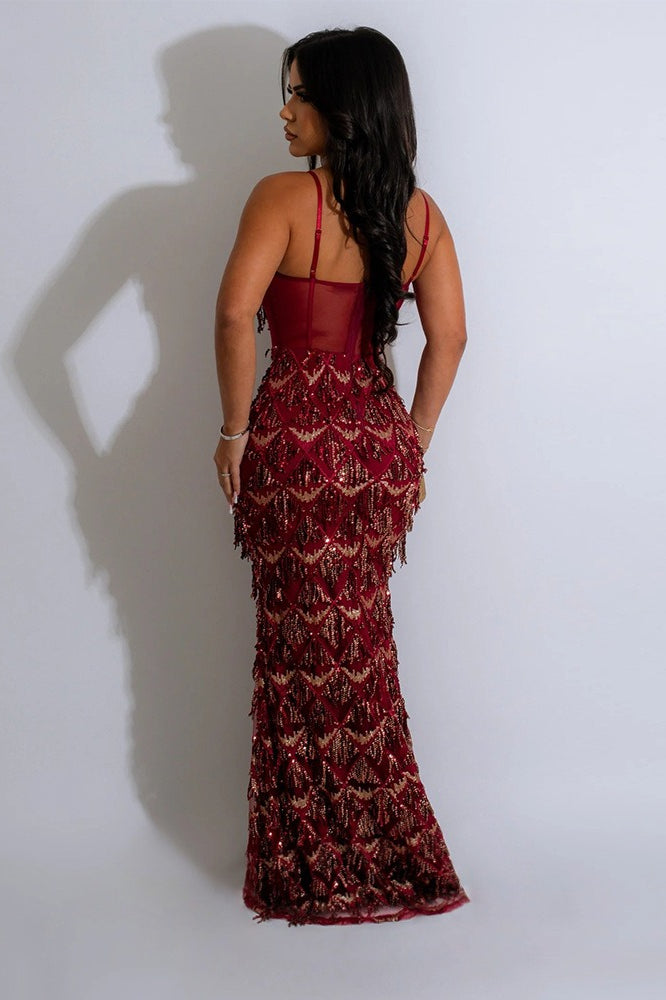 Sequin Diamond Quilt Tassel Fringe Sweetheart Corset Mesh Maxi Gown