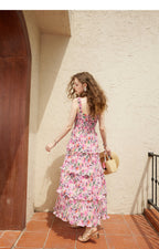 Square Neck Smocked Bodice Tiered Ruffle Floral Print Maxi Dress