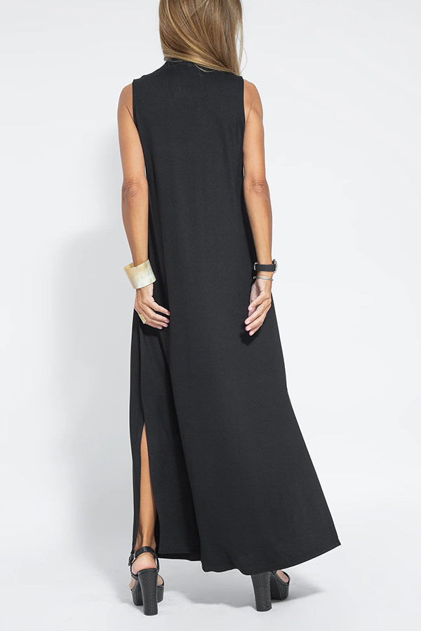 Deep V-Neck Center Pleat Sleeveless Flowy Maxi Dress