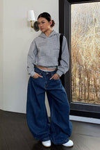 Vintage Relaxed Curved Wide Leg Dark Blue Jeans