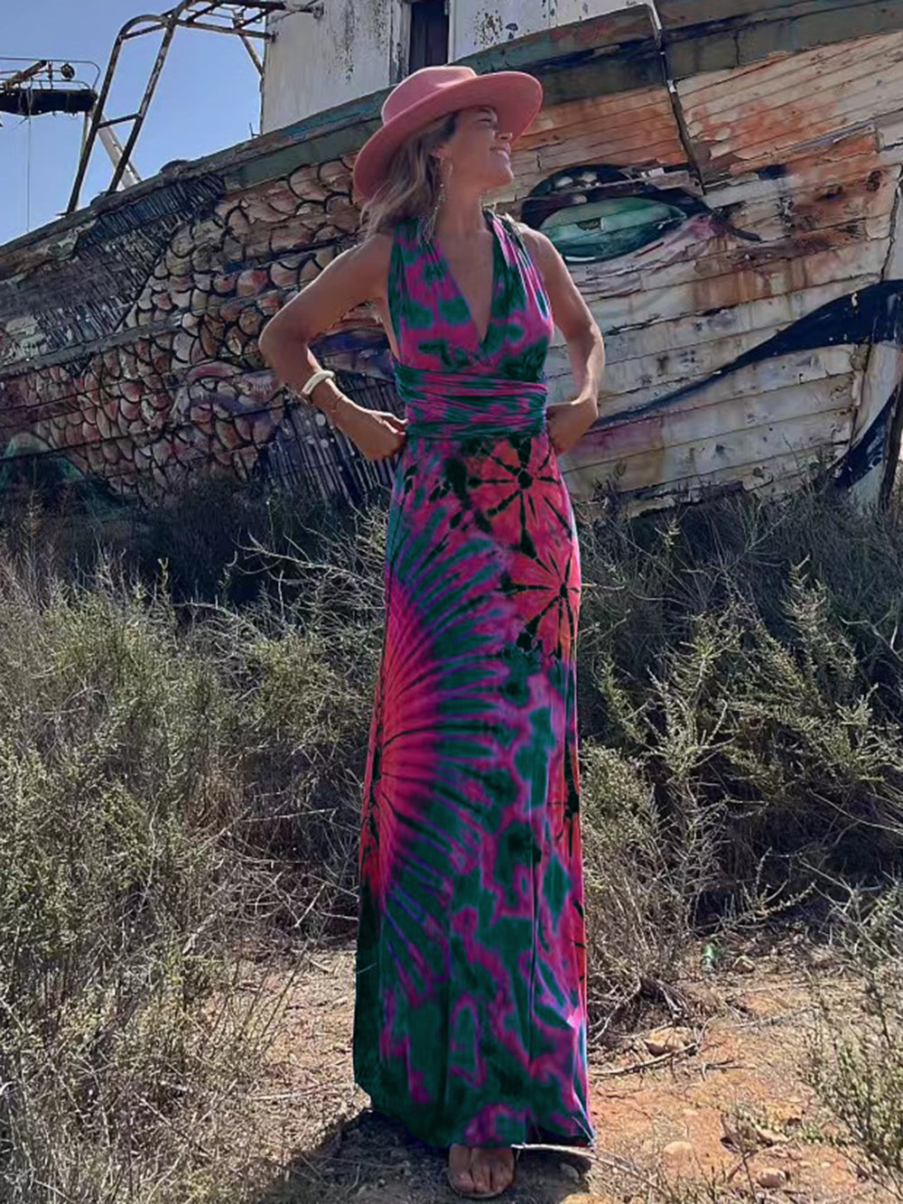 Tie Dye Print Halter Deep V-Neck Wrapped Waist Bodycon Maxi Dress