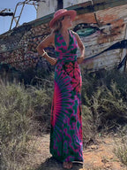 Tie Dye Print Halter Deep V-Neck Wrapped Waist Bodycon Maxi Dress