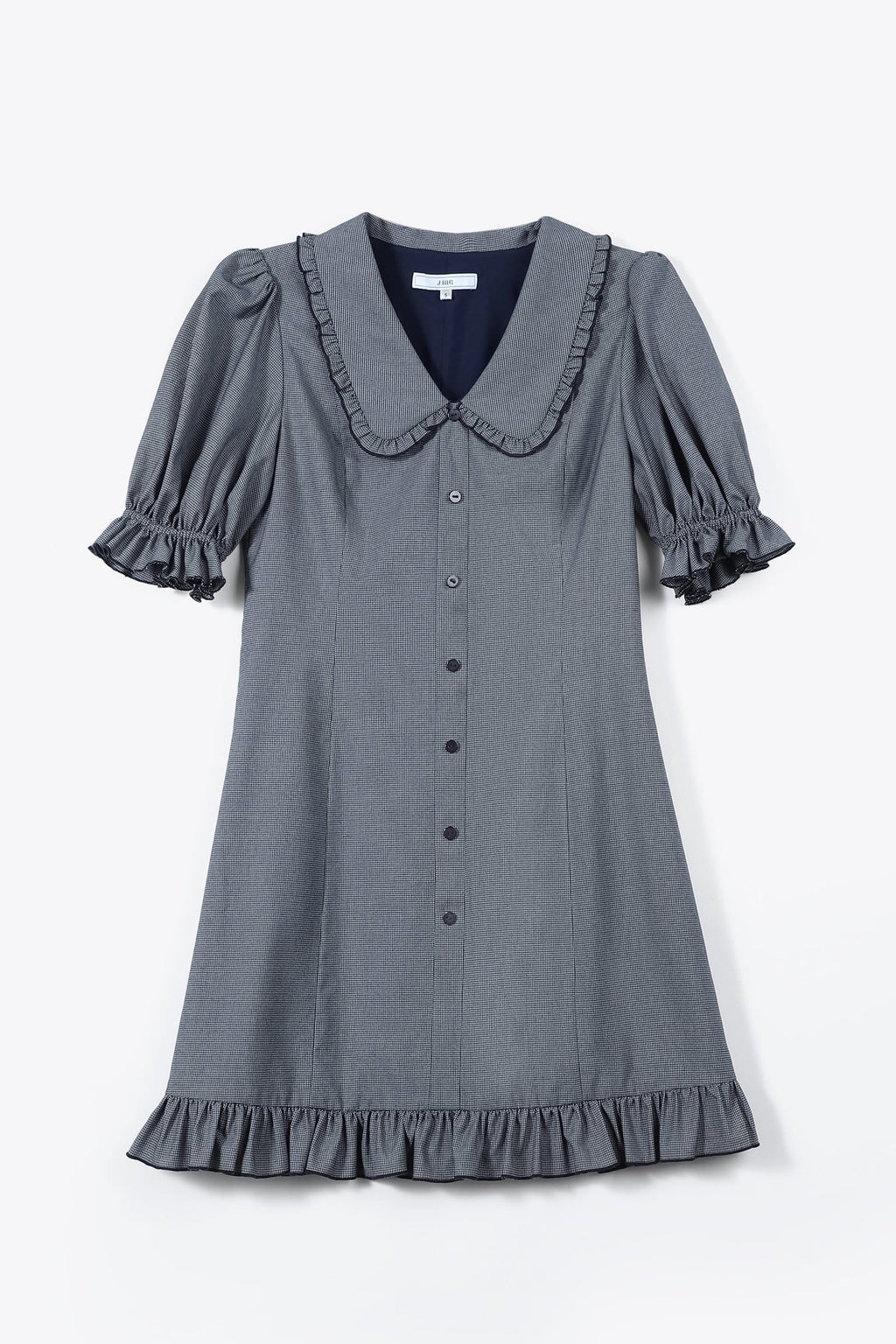 Micro Check Peter Pan Collar Puff Sleeve Button Front Ruffle Hem Mini Shirt Dress