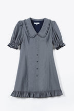 Micro Check Peter Pan Collar Puff Sleeve Button Front Ruffle Hem Mini Shirt Dress