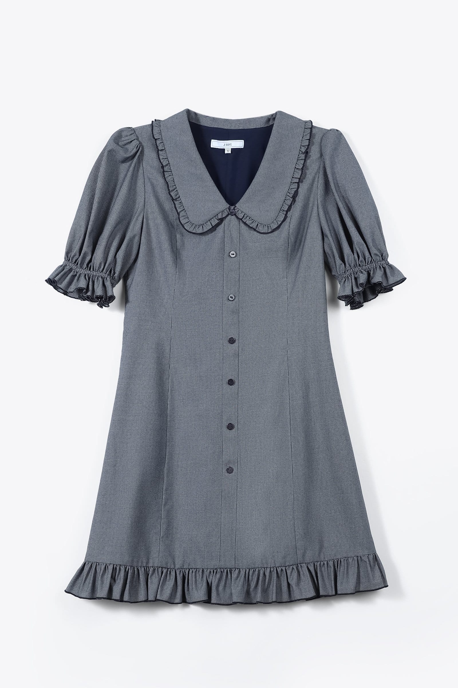 Micro Check Peter Pan Collar Puff Sleeve Button Front Ruffle Hem Mini Shirt Dress