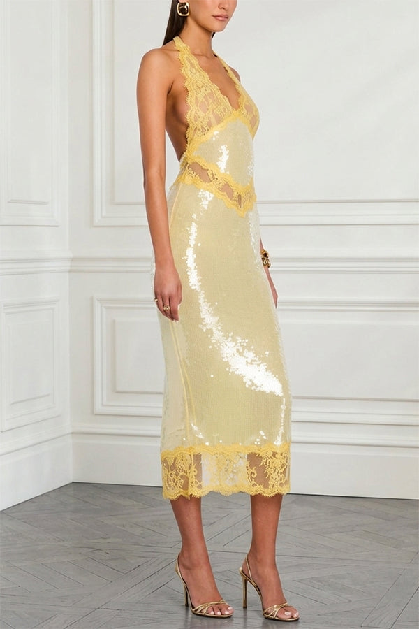 Vicky Sequin Floral Sheer Lace Trim Halter Pencil Midi Dress