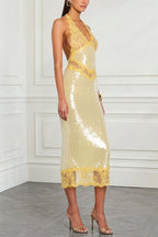 Vicky Sequin Floral Sheer Lace Trim Halter Pencil Midi Dress