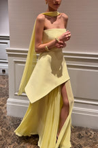 Monaco Off Shoulder Structured Top Chiffon Slit Hem Scarf Maxi Dress