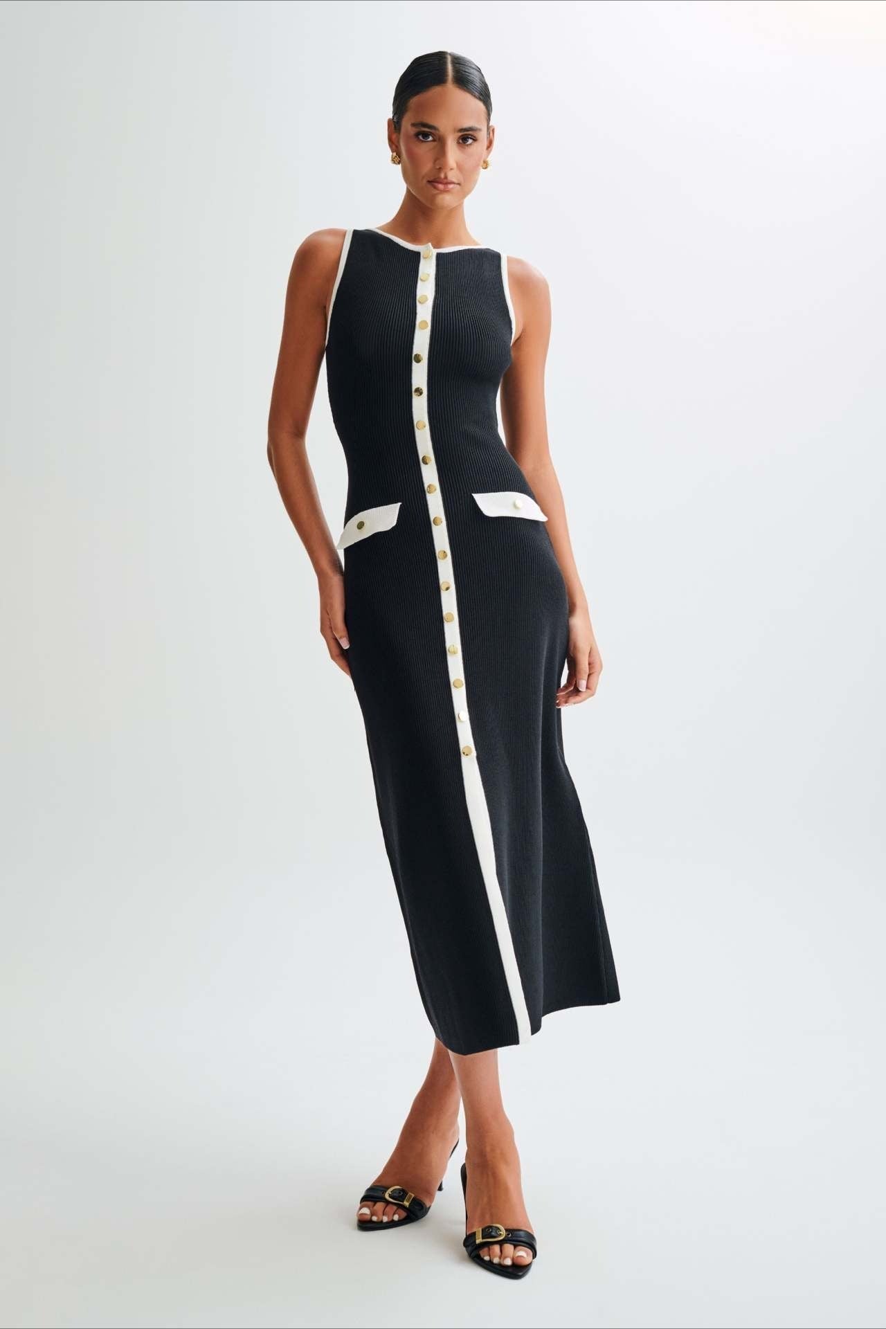 Ribbed Knit Button Front Crew Neck Pocket Bodycon Midi Dress