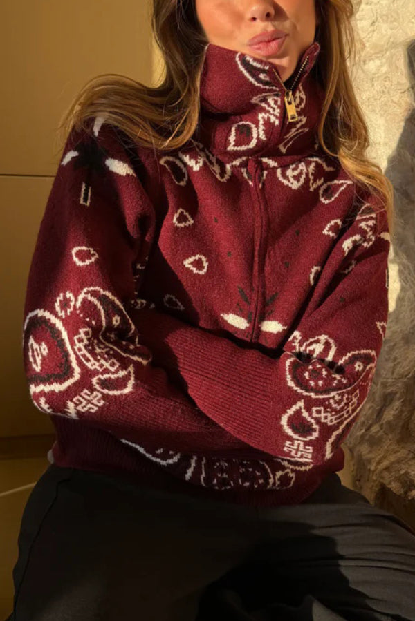 Fashionable Jacquard Turtleneck Long-sleeved Casual Zip-up Pocket Knit Top