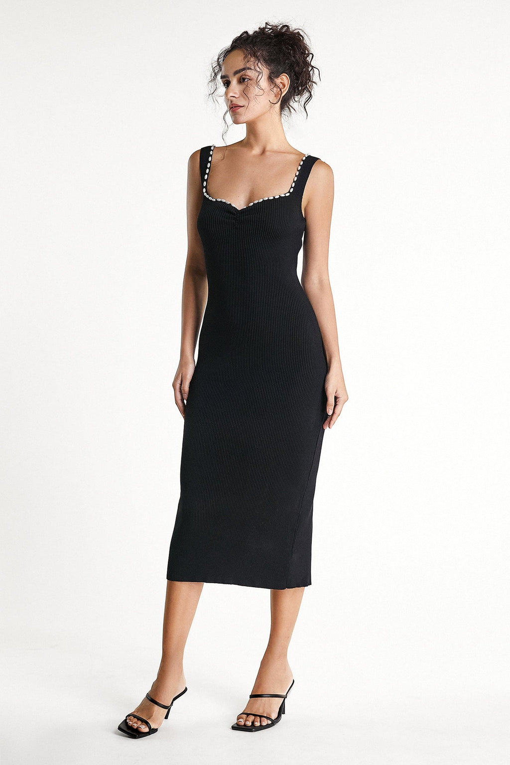Sweetheart Neck Pearl Trim Rib Knit Bodycon Midi Dress