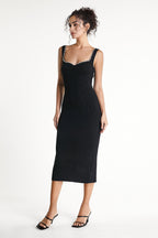 Sweetheart Neck Pearl Trim Rib Knit Bodycon Midi Dress