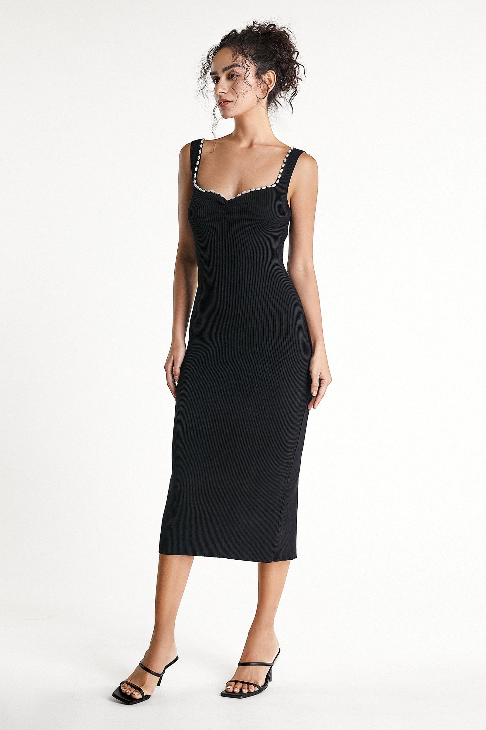 Sweetheart Neck Pearl Trim Rib Knit Bodycon Midi Dress