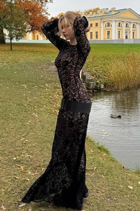 Lace Bell Sleeve Crew Neck Bodycon Maxi Dress