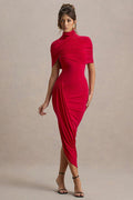 Mock Neck Ruched Crossover Shoulder Wrap Bodycon Midi Dress