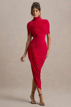 Mock Neck Ruched Crossover Shoulder Wrap Bodycon Midi Dress