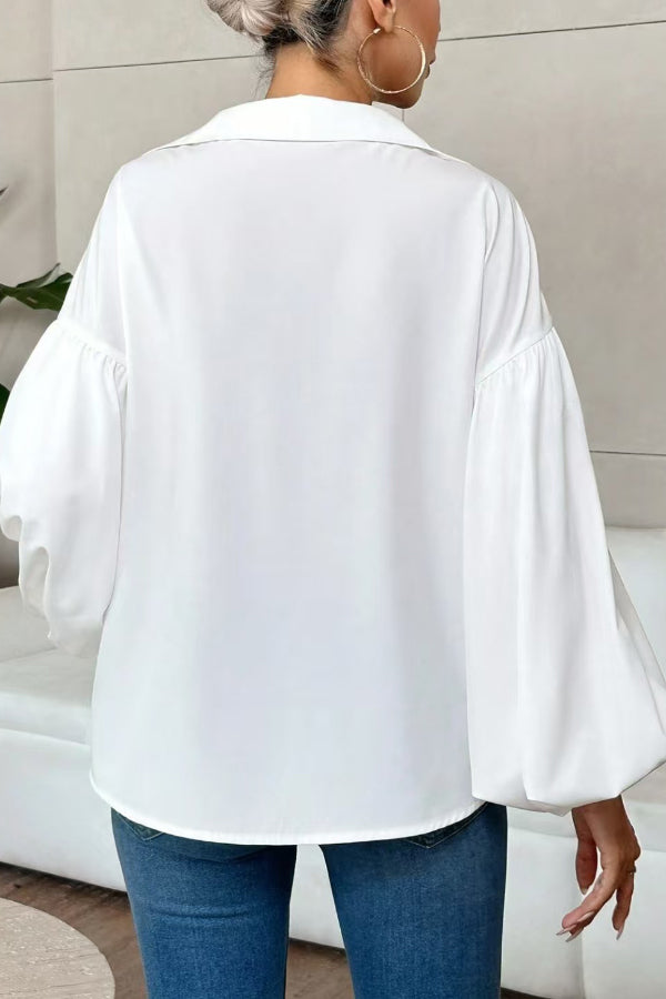 Stylish Polka Dot Print Collared Puff Sleeve Loose Shirt