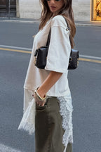Stylish Round Neck Short-sleeved Patchwork Lace Hem Loose T-shirt