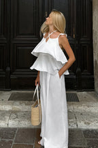 Casual Linen Blend Flutter Sleeve Wide Leg  Pants Set