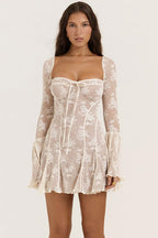 Lace Corset Bodice Tie Front Off Shoulder Bell Sleeve Mini Dress