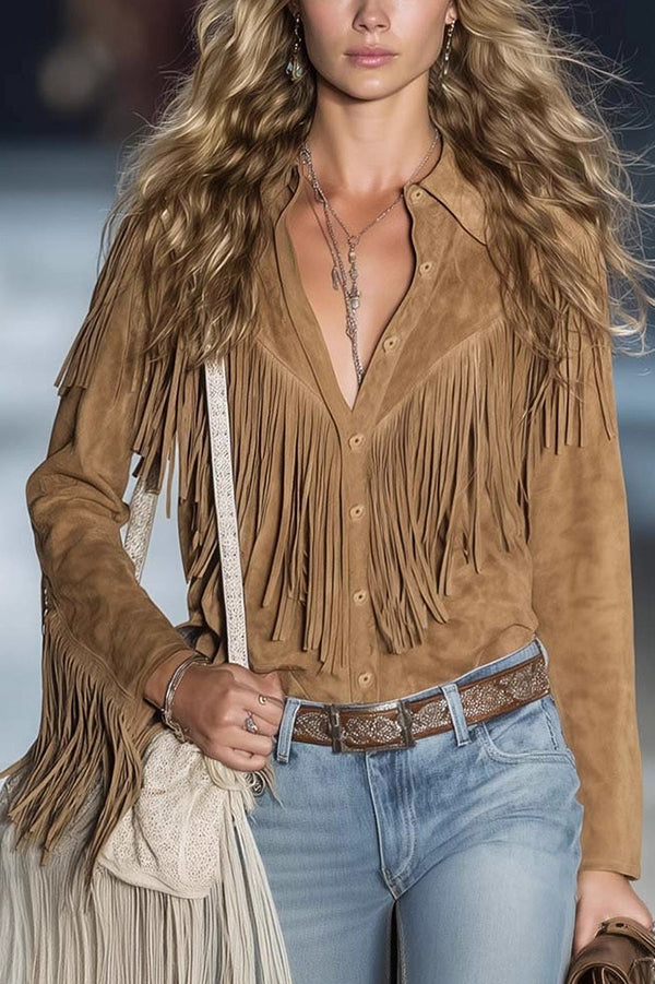 Stylish Lapel Long-sleeved Casual Tassel Suede Jacket