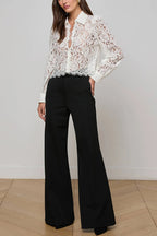 Paris Trends Floral Lace Puff Shoulder  Button Long Sleeve Blouse