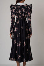 Contrast Collar Puff Sleeve Belted Ditsy Floral Print Midi Dress