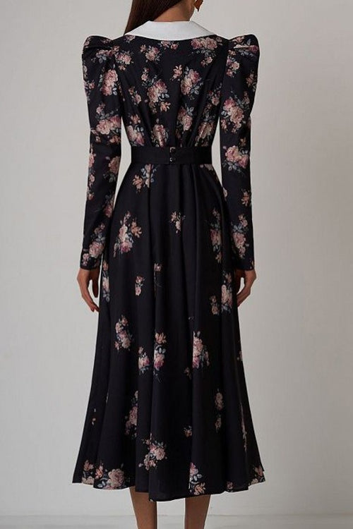 Contrast Collar Puff Sleeve Belted Ditsy Floral Print Midi Dress