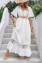 Crochet Lace Panel Flutter Sleeve Tiered Ruffle Maxi Dress
