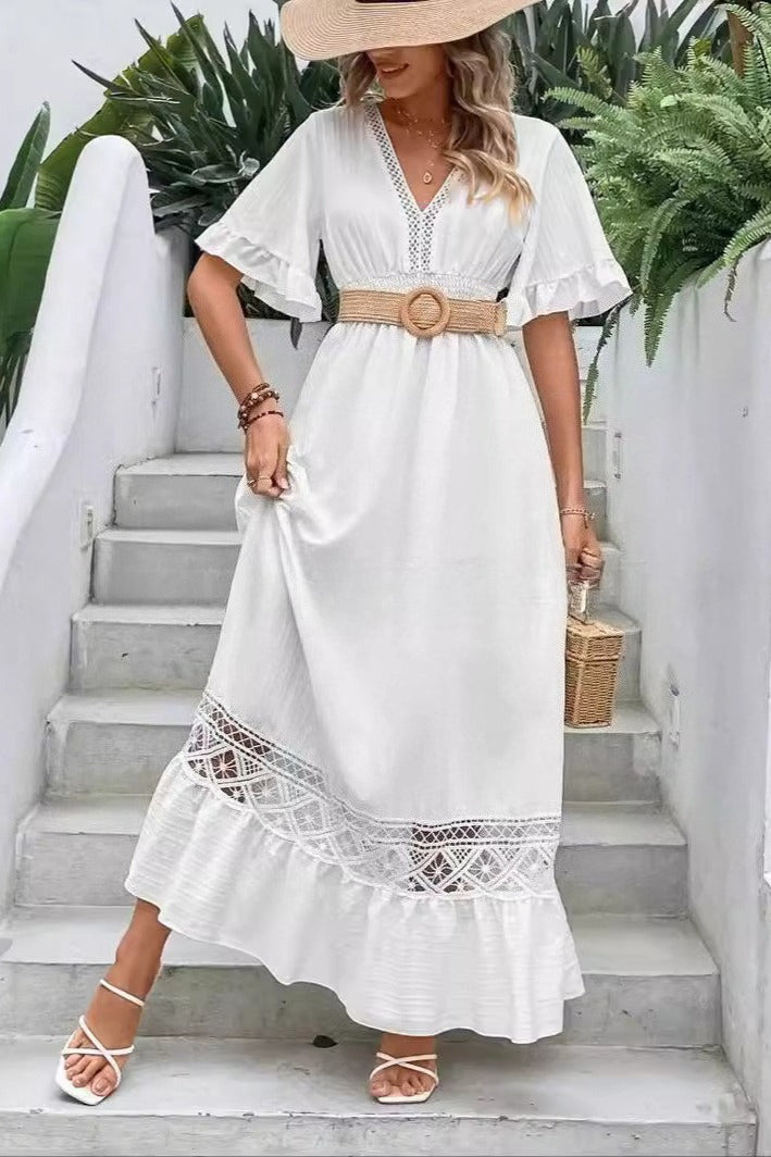 Crochet Lace Panel Flutter Sleeve Tiered Ruffle Maxi Dress