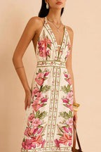 Floral Print Halter V-Neck Lace Trim Maxi Dress