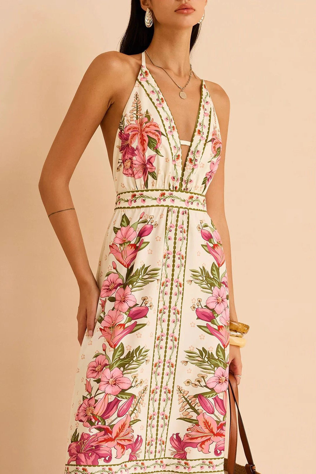 Floral Print Halter V-Neck Lace Trim Maxi Dress