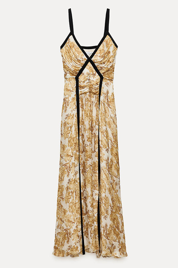 Floral Print Spaghetti Strap Contrast Trim Pleated Maxi Dress