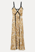 Floral Print Spaghetti Strap Contrast Trim Pleated Maxi Dress