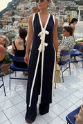 Beach Day Colorblock Bow Detail Slit Midi Top and Elastic Waist Loose Pants Set
