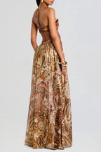 Brown Strapless Lace-up Pleated Dress
