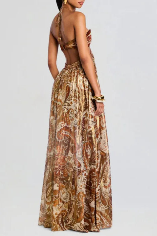 Brown Strapless Lace-up Pleated Dress