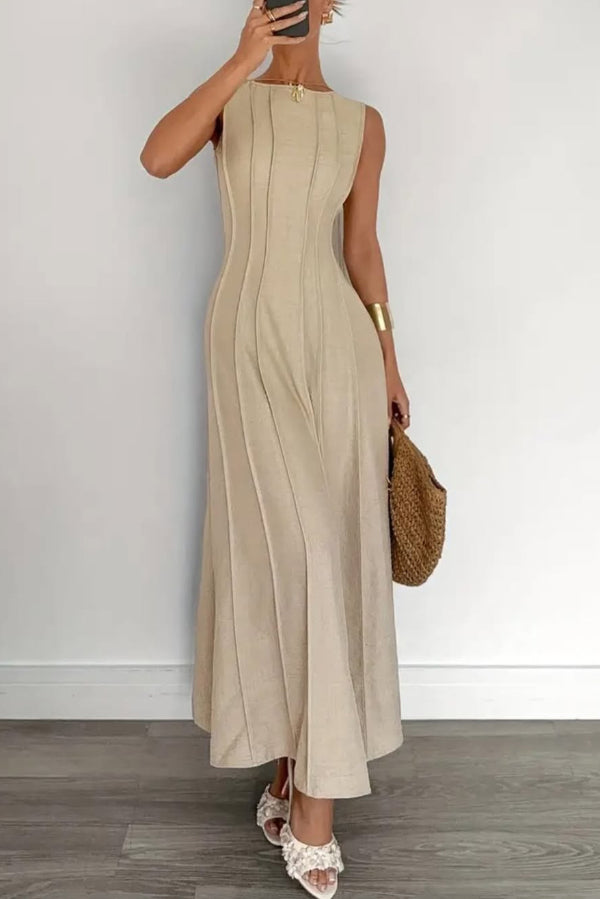 Solid Color Round Neck Sleeveless Elegant Pleated Casual Maxi Dress