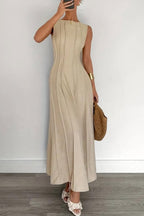Solid Color Round Neck Sleeveless Elegant Pleated Casual Maxi Dress