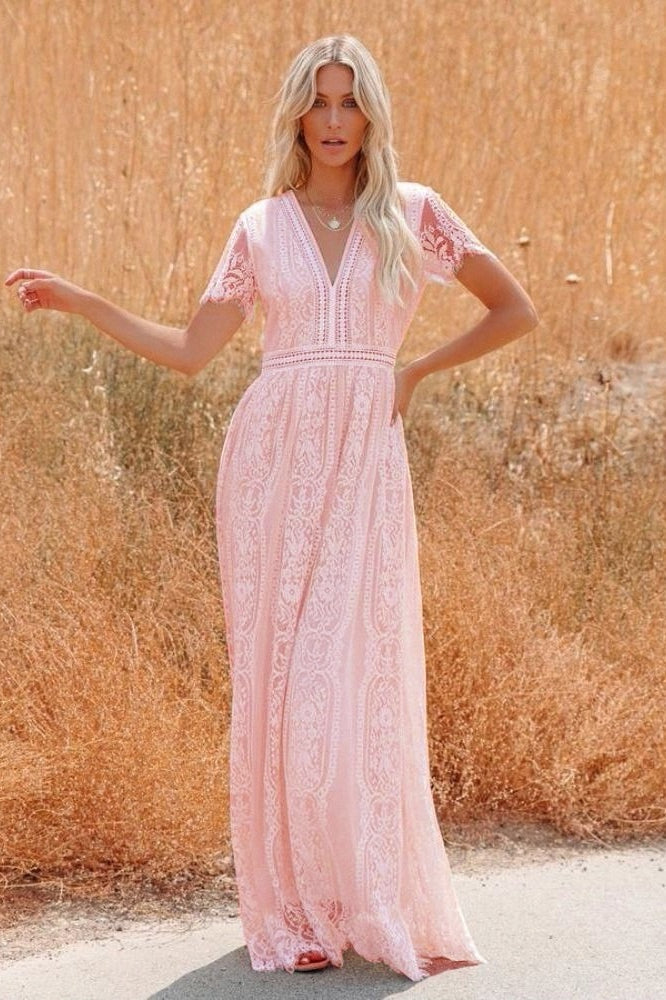 Deep V Neck Lace Cap Sleeve Empire Waist Scalloped Hem Maxi Dress