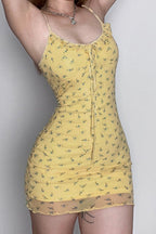 Ditsy Floral Print Spaghetti Strap Tie Front Ruched Bodycon Mini Dress