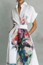 Fashionable Art Print Collared Short Sleeve Casual Pocket Midi Dress