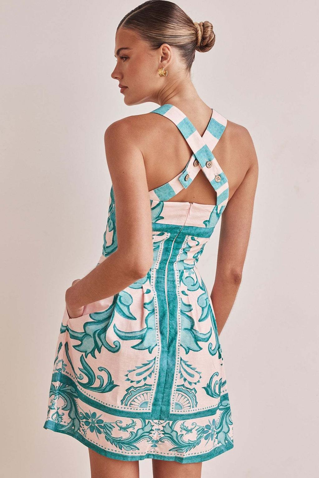 Majolica Tile Print Square Neck Wide Strap Fit and Flare Pocket Mini Dress